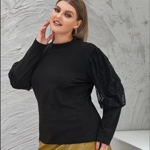 Lace Accented Long Sleeve Crew Neck Blouse